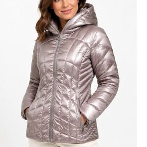 Karl Lagerfeld Paris Women's Metallic Blush Puffer Jacket S Quilted Hooded Coat